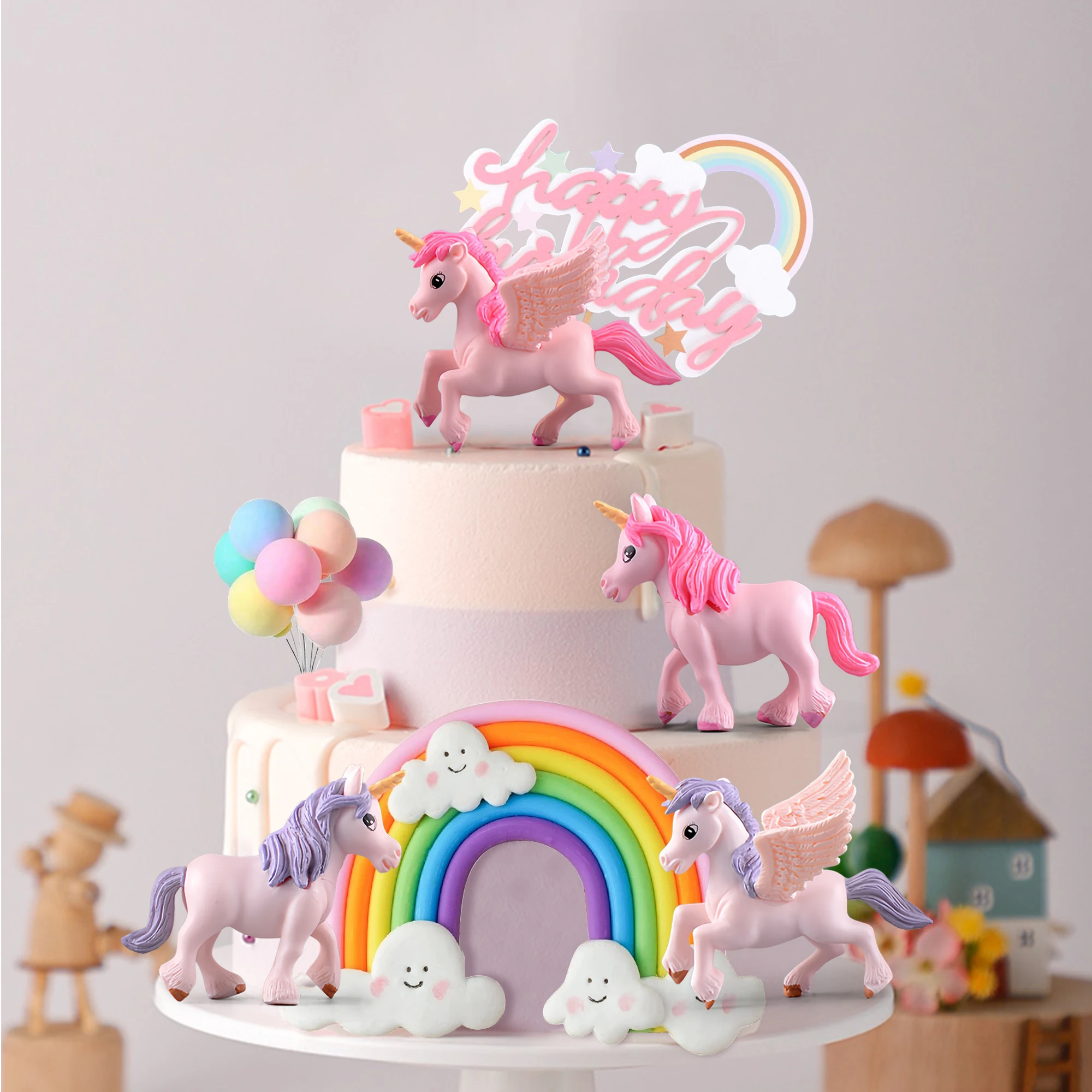 13pcs/set Rainbow Pegasus Unicorn Theme Cake Topper for Birthday Baby Shower Wedding Party Cake Decoration