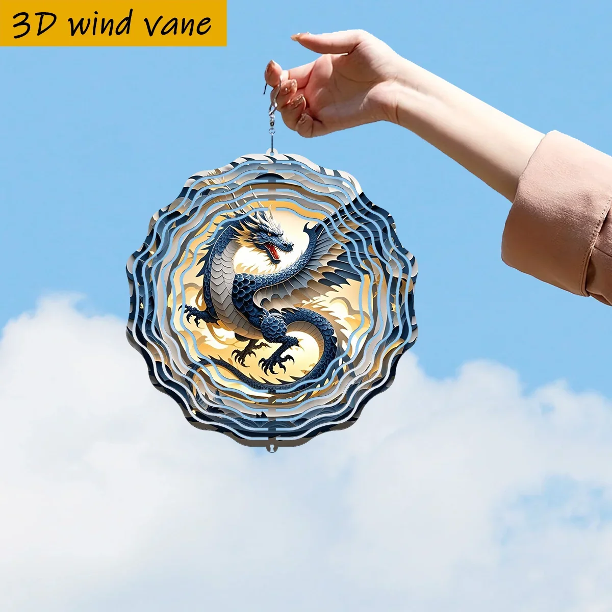 Blue Dragon Wind Spinner - Metal Double-Sided Rotating Wind Chime with 360° Swivel Hook, Background & Intricate Dragon Design