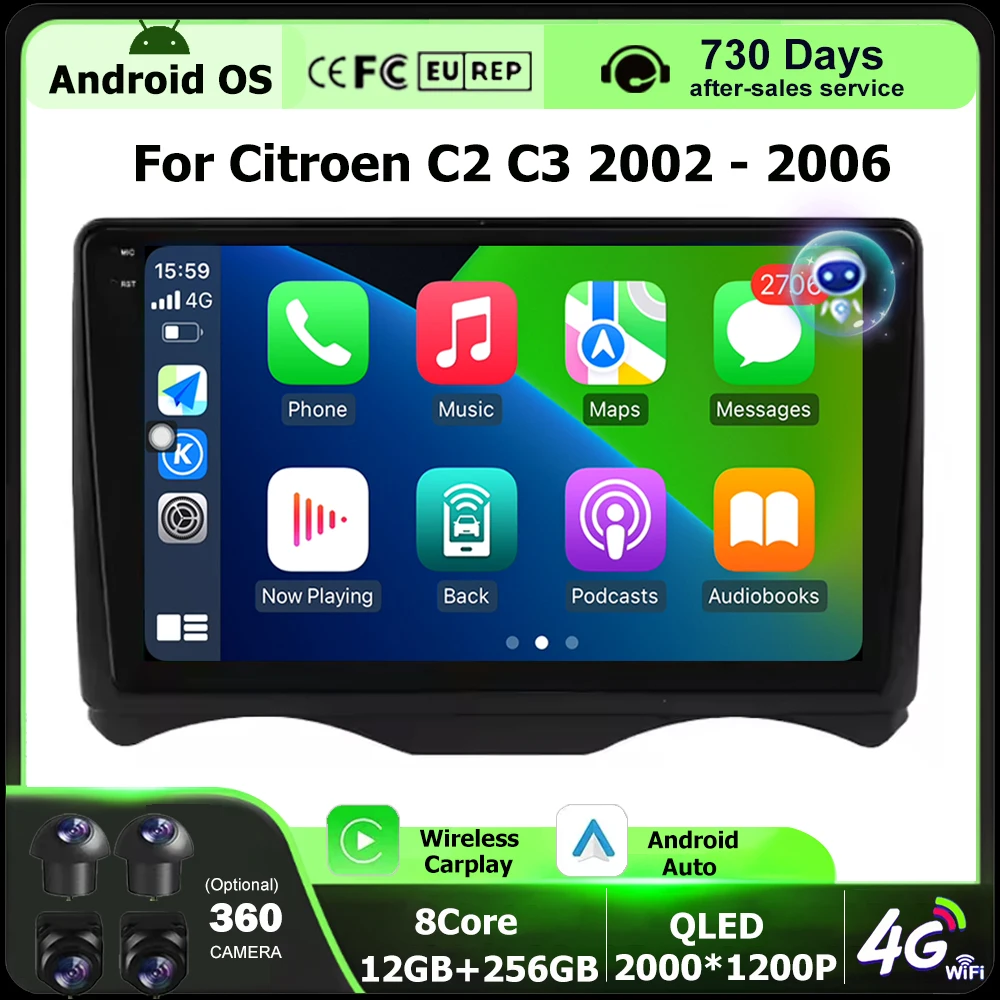 

9 Inch For Citroen C2 C3 2002 - 2006 Android 16 Auto Car Radio Multimedia Video Player GPS Navigation Carplay QLED Touch Screen