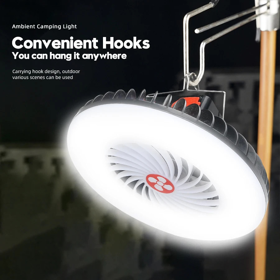 Multifuncional Camping Fan Light, carregamento solar e USB, portátil, teto sem fio, ventilador elétrico com Power Bank, Tripé de luz LED