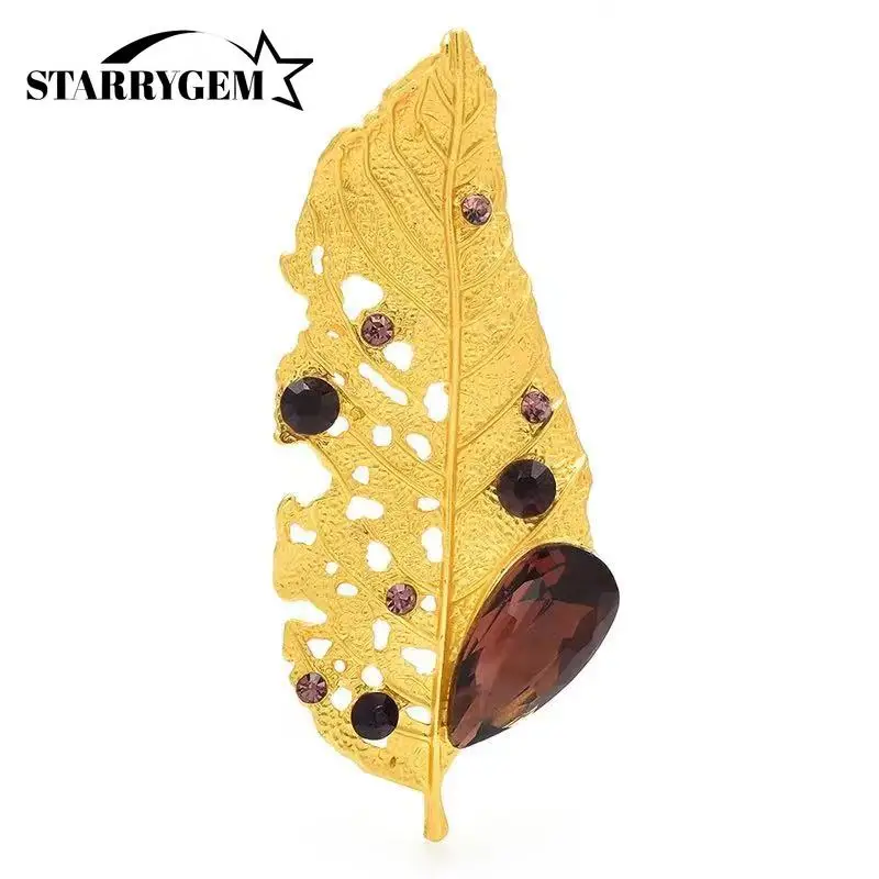 Enamel Leaf Pins for Women Unisex Rhinestone Plant Brooches Glass Leaves Lapel Pins Office Party Friend Gifts Accessories