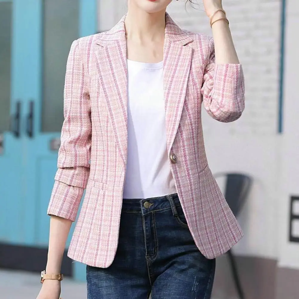 Women Blazer Plaid Print Contrast Color Turn-down Collar Cardigan Long Sleeves Warm Business Anti-wrinkle Autumn Coat for Work