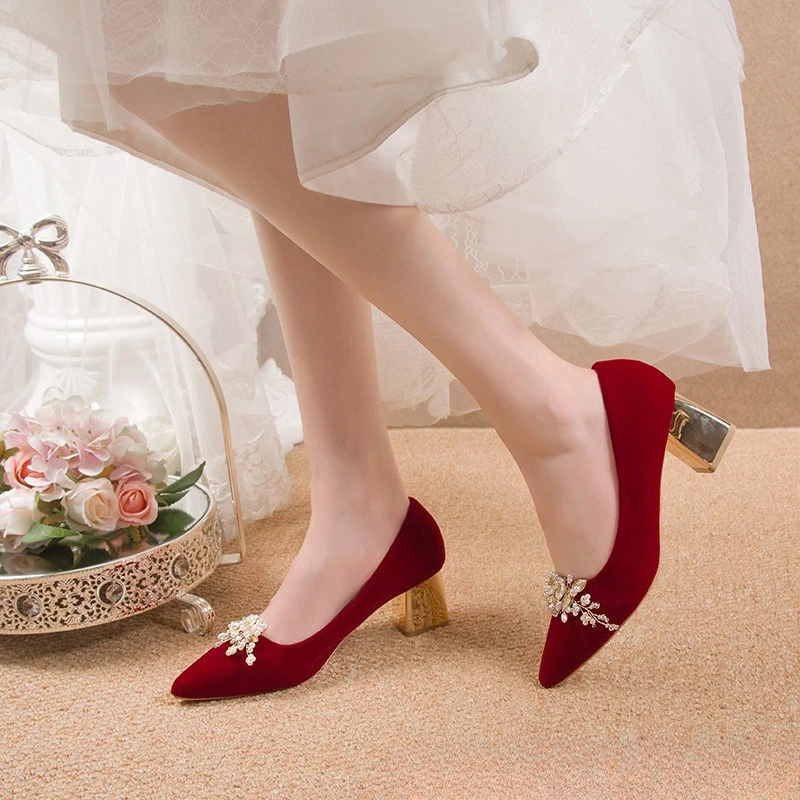 

2cm-5cm Women's Pumps and Heels Fashion Flower Decoration Pointed Rhinestone Womens Shoes Red Pearl Wedding High Heels for Women