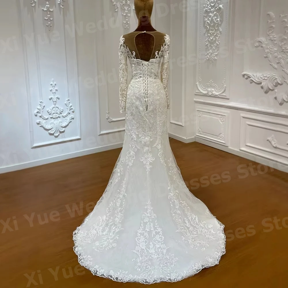 Abiti da sposa a maniche lunghe da donna a sirena squisita Treno smontabile Applicazioni in pizzo Abiti da sposa Robe De Mariée personalizzato