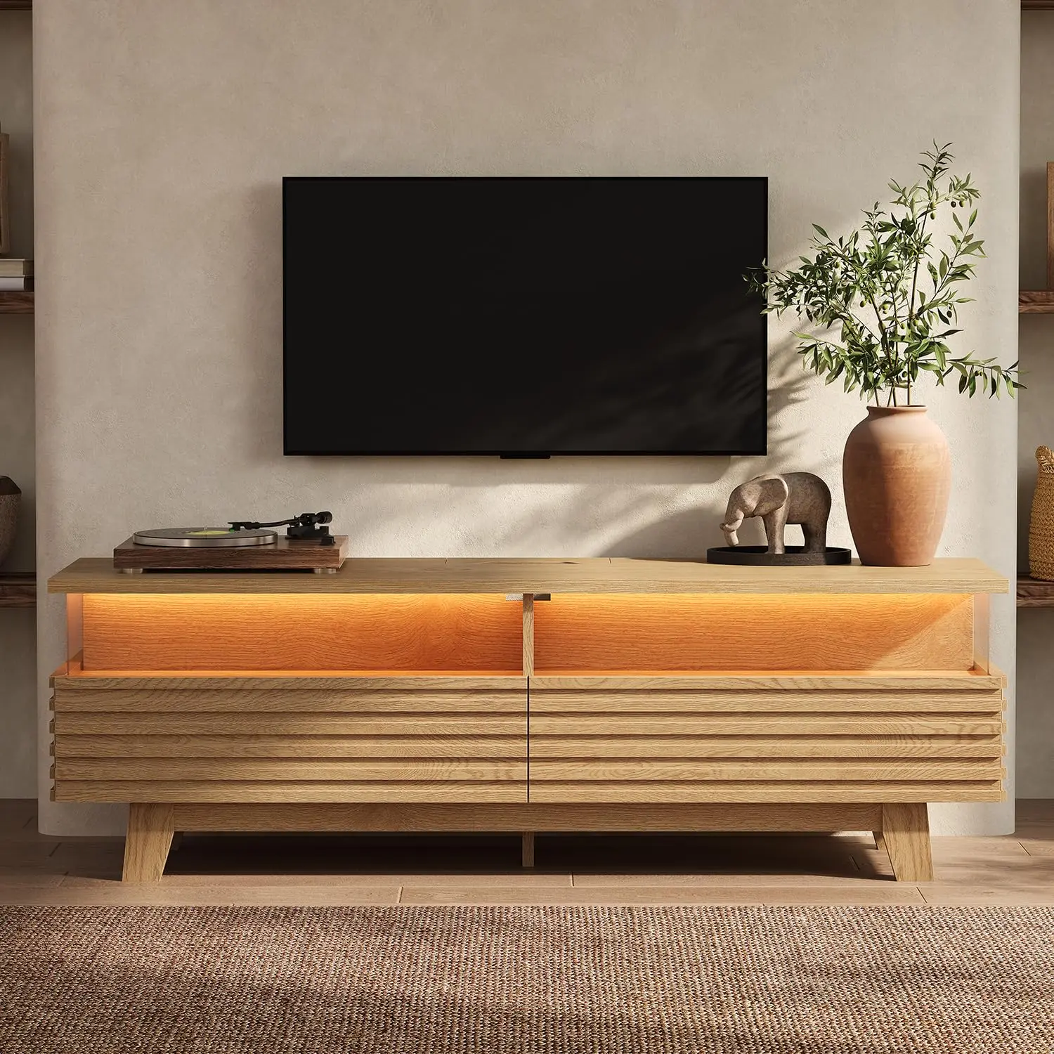 TV Stand With Cable Management, LED, Power Station (Oak, 59