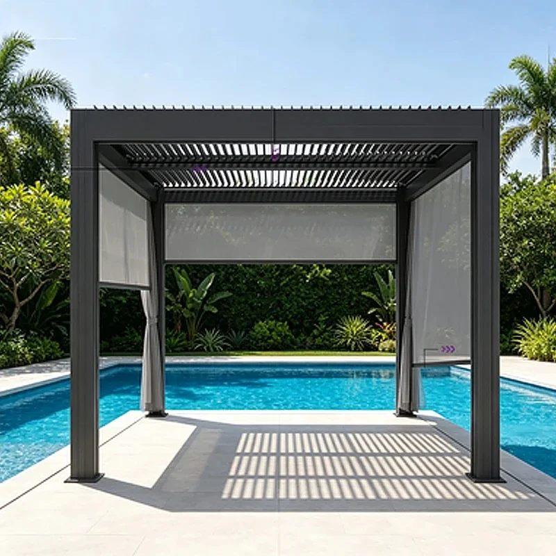 Modern Aluminum Louvered Bioclimatic Pergola Motorized Adjustable Roof Garden Balcony Outdoor Patio-Privacy Wall Included