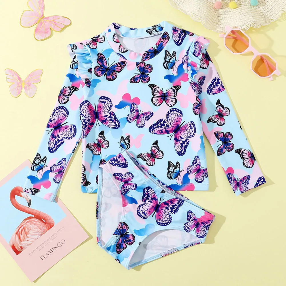 Girl Swimwear Summer Kids Swimming Clothing Ruffles Long Sleeve Beachwear Bathing Suit Butterfly Print Girls Two Piece Swimsuit