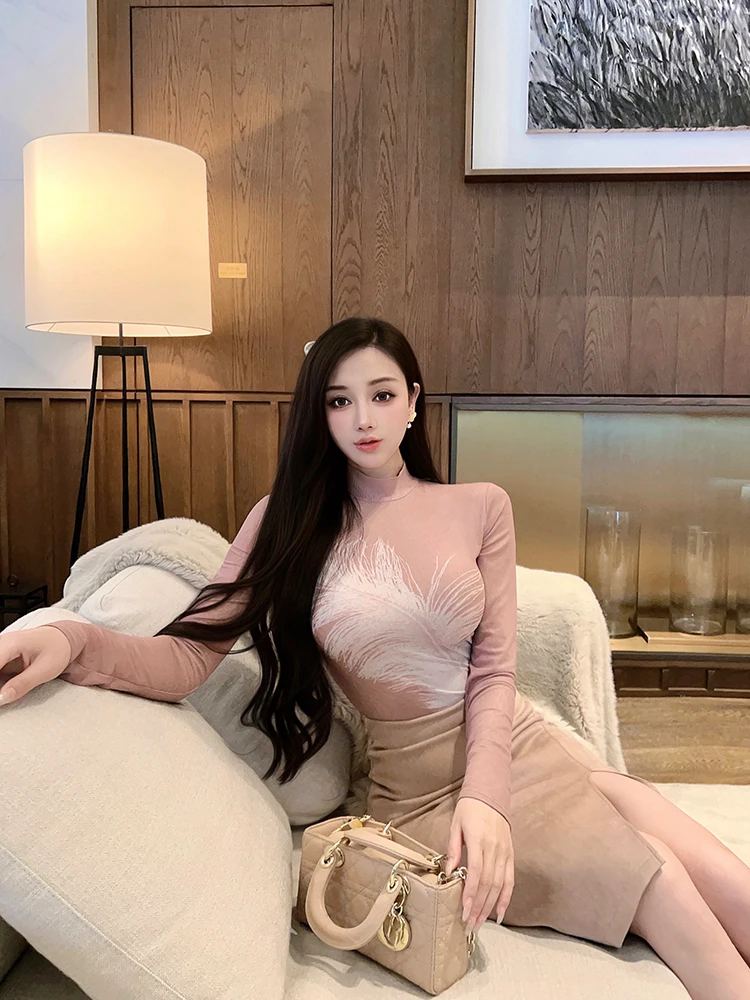 

Wangjiujiu 3D Feather Long Sve Onesie Women's Autumn Winter Slim Fit Base irt Faion Sexy Top Commute Sle Printed Design