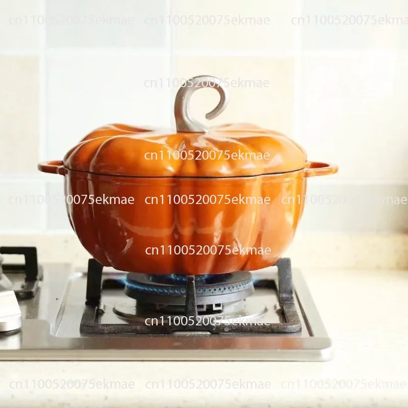 1.85L Enamel Coated Cast Iron Pumpkin Pot 9.8inch Non-Stick Casserole Compatible with All Heat Sources
