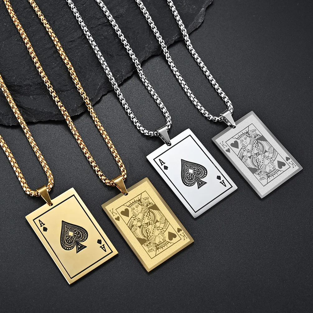 JHSL Men Statement Poker Ace King Necklace Pendant Golden Silver Color Stainless Steel Fashion Jewelry Gift Wholesale Dropship