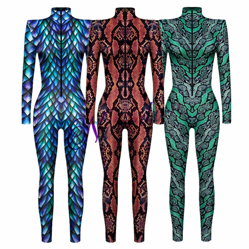 Animal Scales Peacock Feather Snake Skin 3D Skeleton Punk Gothic Women Sexy Halloween Slim Jumpsuit Cosplay Costume Bodysuit