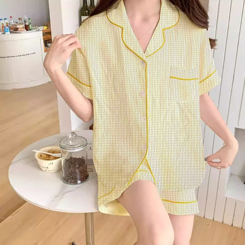 Sweet Kawaii Cute Y2k Plaid Cloud Cotton Women\'s Pajamas Japan & Korean Harajuku Simple Sleepwear 2024 New Summer Lazy Nightwear