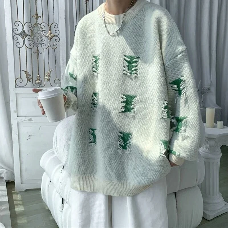 Pullover Man with Holes Aesthetic Korean Popular Clothes Top Autumnr and Winter Knitwear Y2k No Hoodie Knitted Sweaters for Men