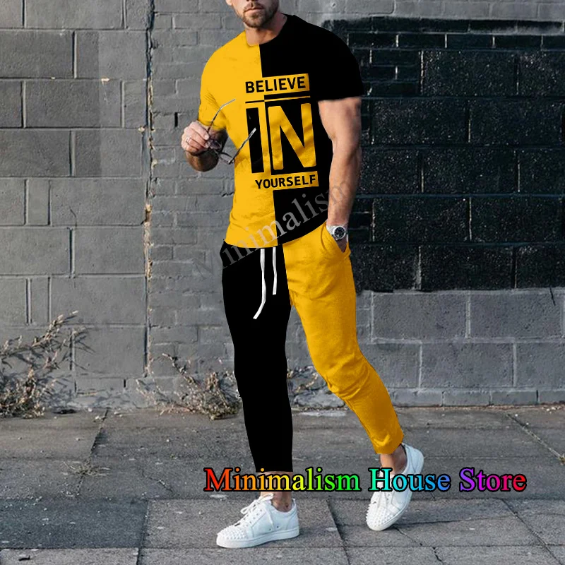 2 Piece Set Outfits Summer Tracksuit For Men Believe in Yourself Short Sleeve T Shirt+Long Pants Casual Sports Suit Male Clothes