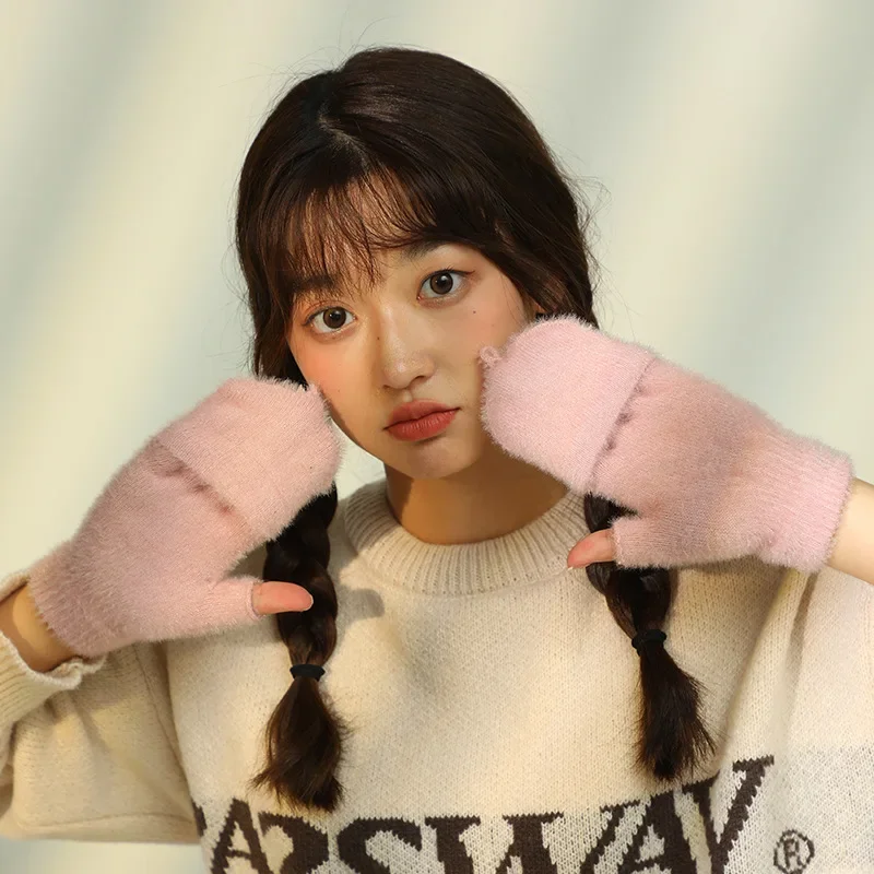 Flip Fingerlose Halbfingerhandschuhe Weich Verdickt Warm Mädchen Student Geschenk Geburtstagsgeschenk Touchscreen Modischer Winter