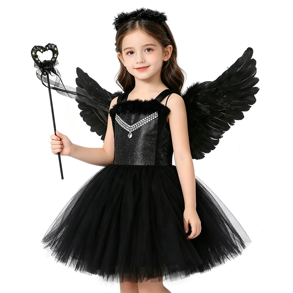 Schwarzes, elegantes „Dark Angel“-Kostüm für Mädchen, Halloween-Tutu-Kleid-Set mit Federschwingen und Zauberstab, Kinder-Karnevalskostüm für Partys und Faschingsveranstaltungen.