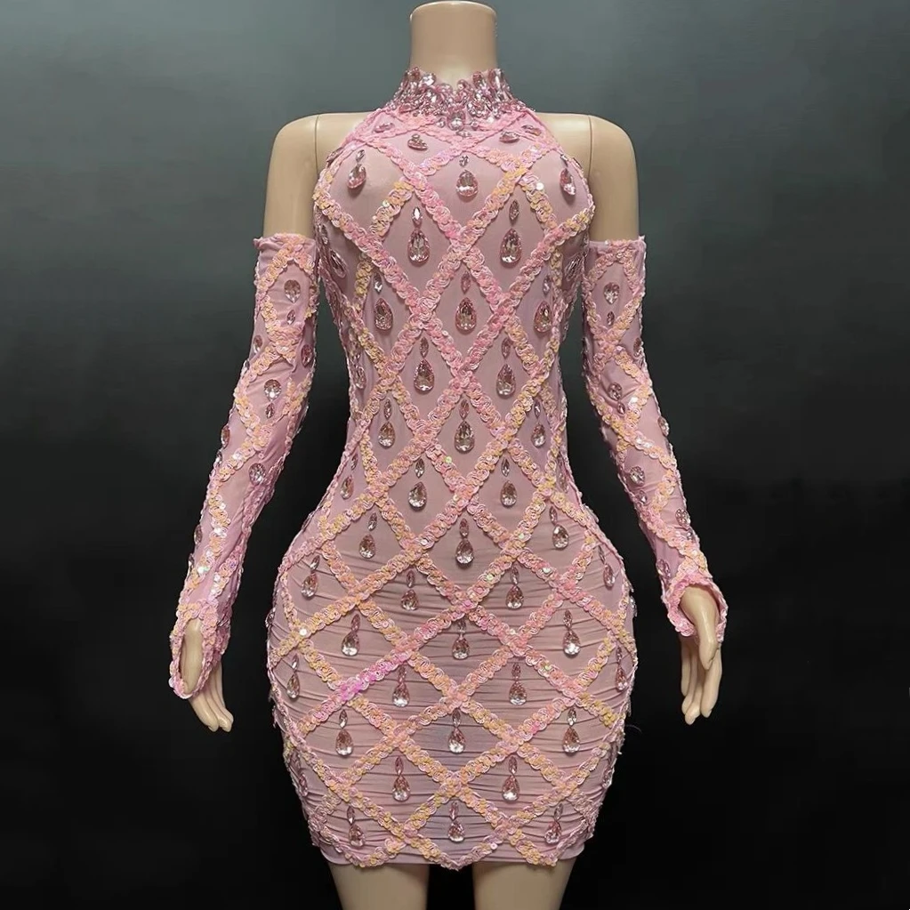 High Quality Sparkling Rainestones Pink Sexy Backless Halter Bodycon Mini Dress Birthday Celebrate Evening Party Dress