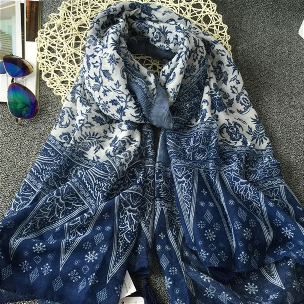 

110*180cm Retro Shawl Large Print Female Pashmina Tassel Blue and White Porcelain Scarf