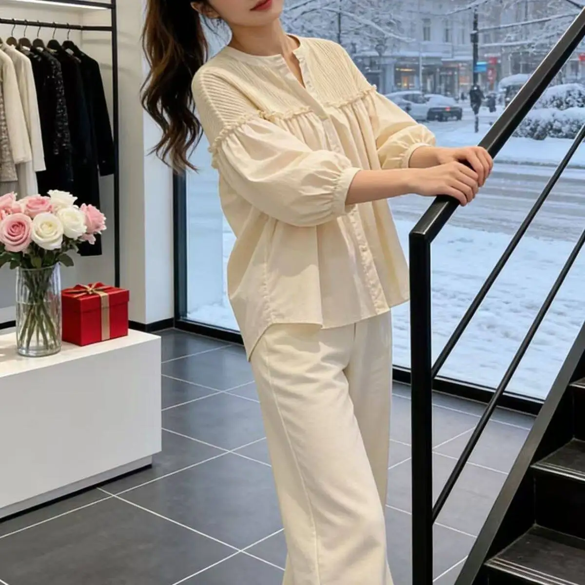 Harajuku Minimalist Y2K Soft Pink Gathered Blouse Round Neck 3/4 Sleeve Ruffled Button Down Casual Loose Shirt For Women Summer