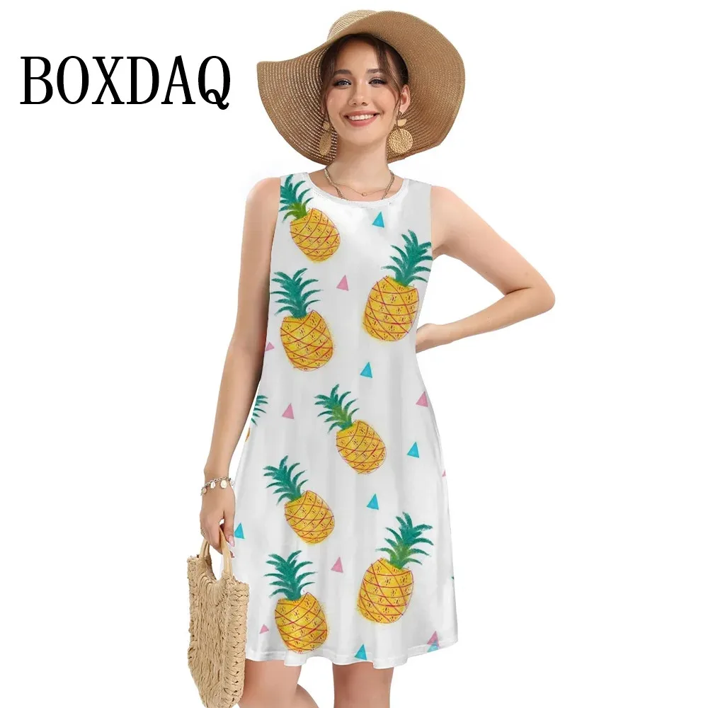 Women Summer Dress Refreshing Fruit Lemon Print Sleeveless Tank Dresses S-3XL Plus Size Knee-Length Beach Short Dresses Casual