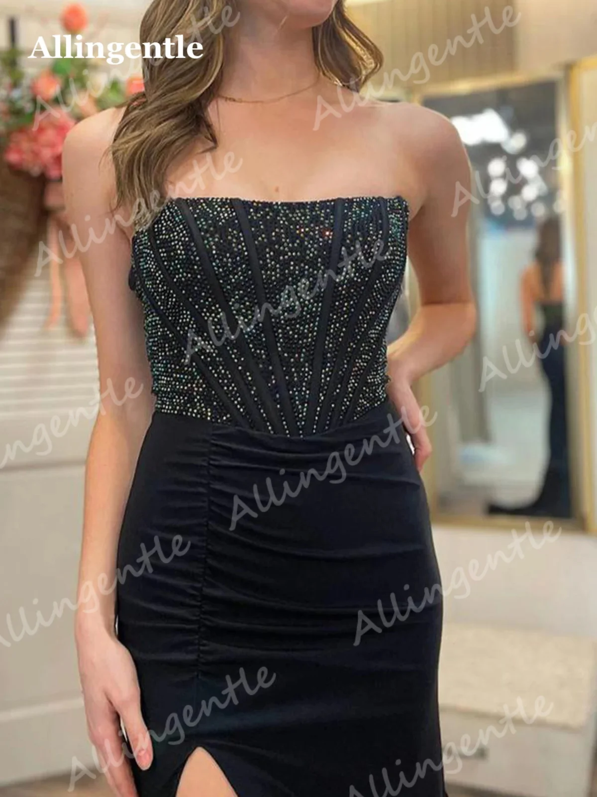 Allingentle Mermaid Black Satin Strapless Slit Prom Dresses Elegant Formal Gowns Boat Neck Ruched Wedding Party Gowns Customized