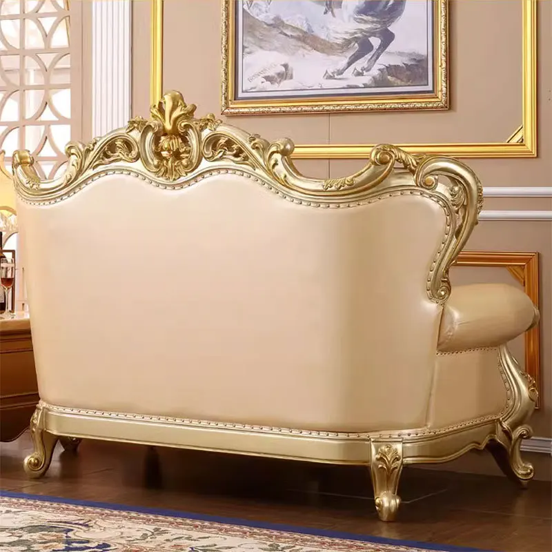 New European solid wood carving flower leather combination sofa size apartment high-end luxury