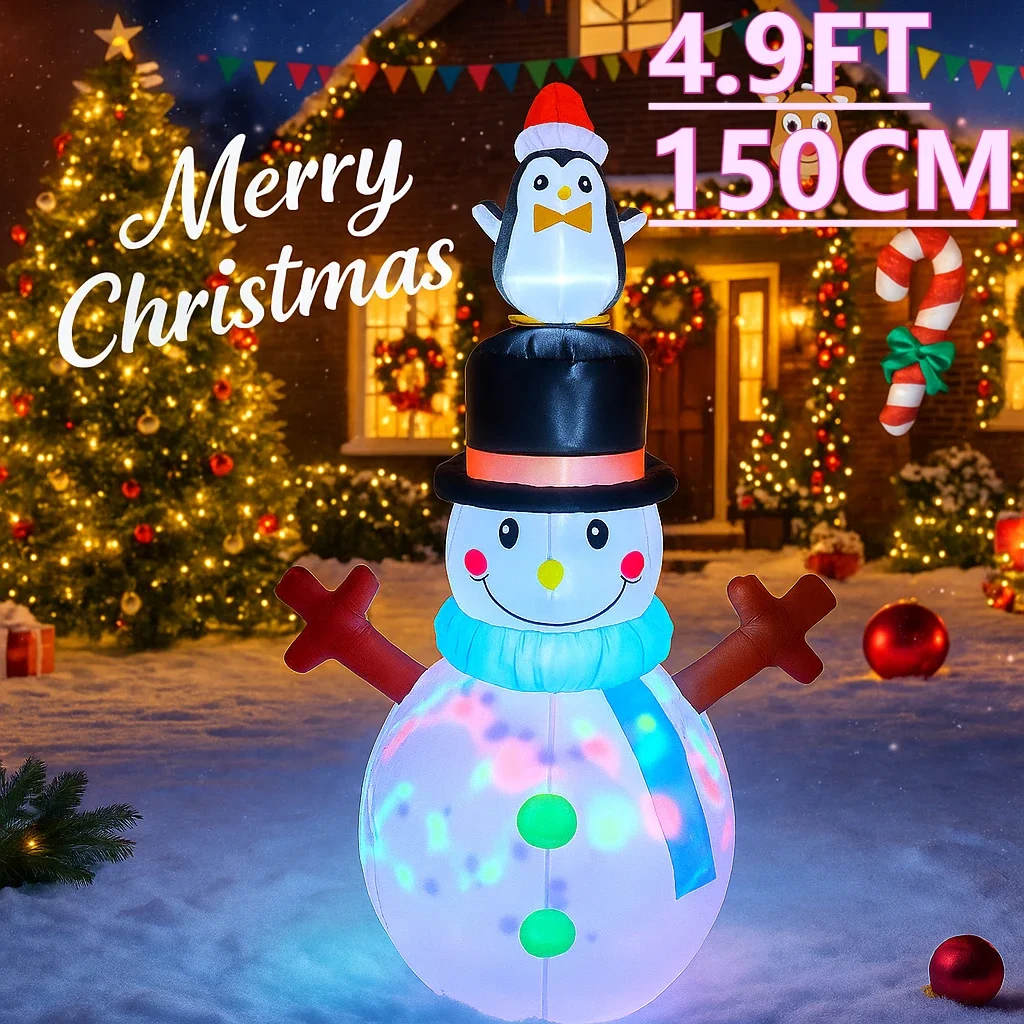 1.5M/4.9FT Holiday Lighting Decor LED Inflatable Xmas Snowman with Penguin Hat Christmas Home Ornament Festive Gift Supplies