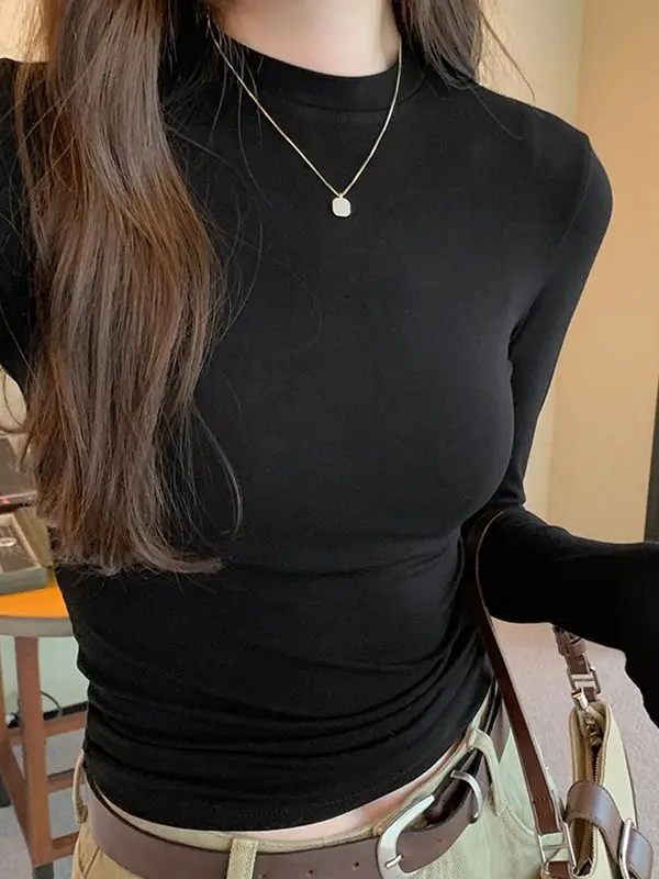 Casual Basic Velvet Bottoming T-shirt for Women Autumn New Simple Slim Fit Stretch Layering Tee Solid Color Long Sleeve Tops
