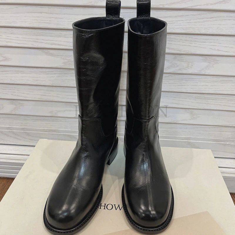 

Western Cowboy Rain Boots Leather Version Thi Heel Knight Boot Mid-Calf Faionable Waterproof Platform Stitching Detail