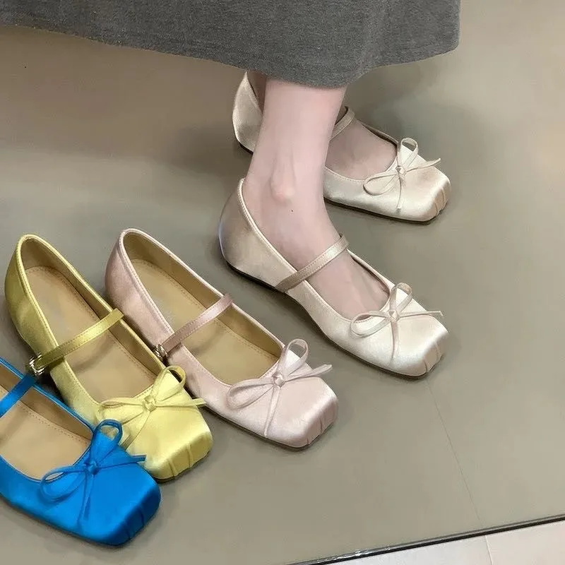 Korean-style satin bow internal lift ballet Mary Jane shoes 2026 new girl-style single strap flats