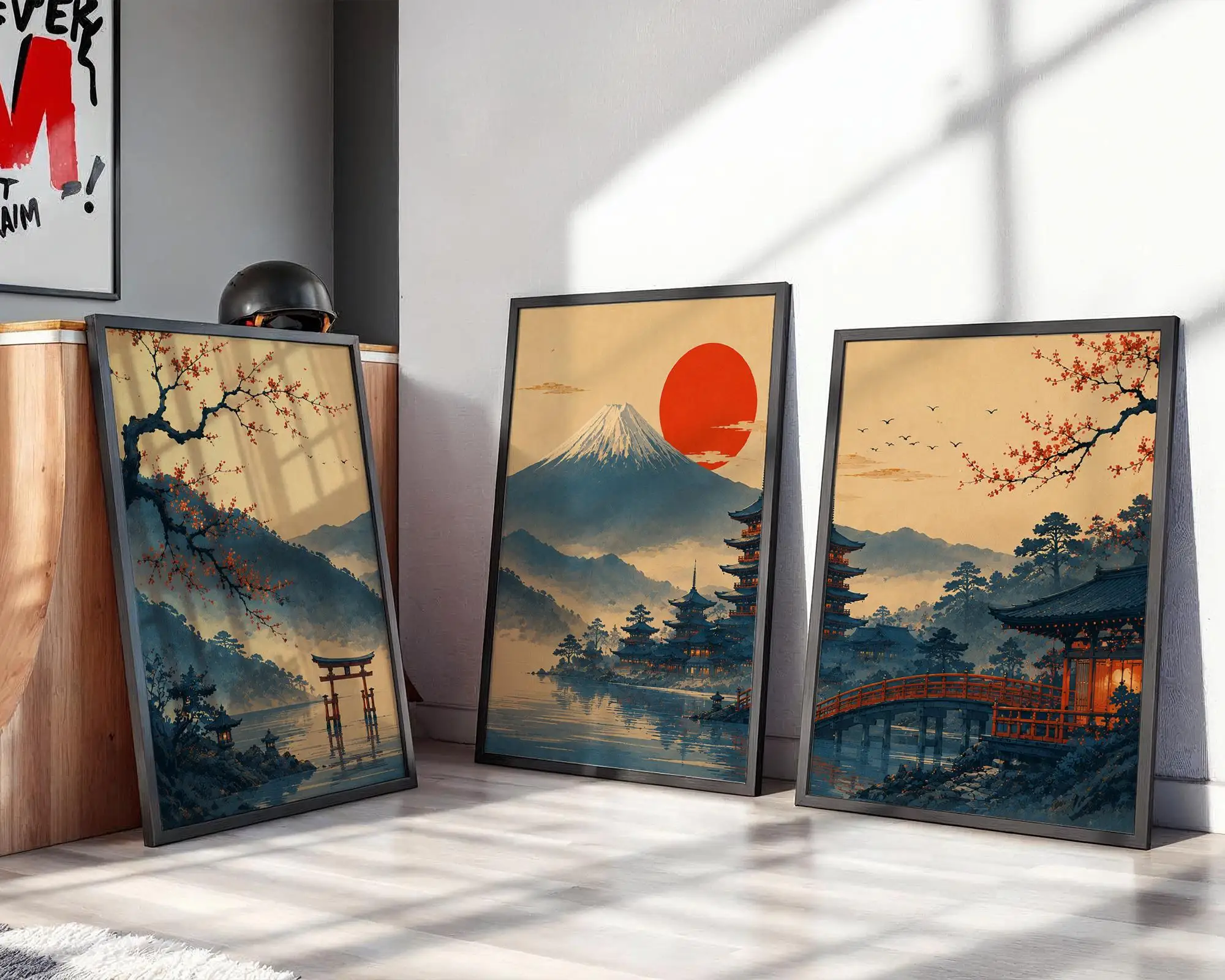 3pcs frameless Canvas Painting Japanese Wall Art Set of 3,Mount Fuji Torii Gate Pagoda Prints, Vintage Ukiyo-e Posters,Cherry Bl