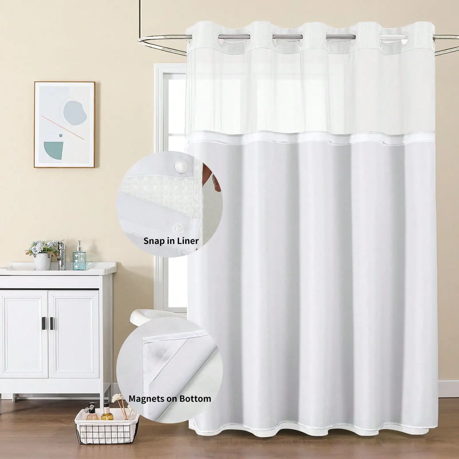 No Hook Shower Curtain With Snap In Fabric Liner, Waffle Weave Heavy Duty Thick Shower Curtains With Mesh Top Window, Hotel Style Waterproof Bathroom Curtain Set, White Fall Decor Bathroom Decor