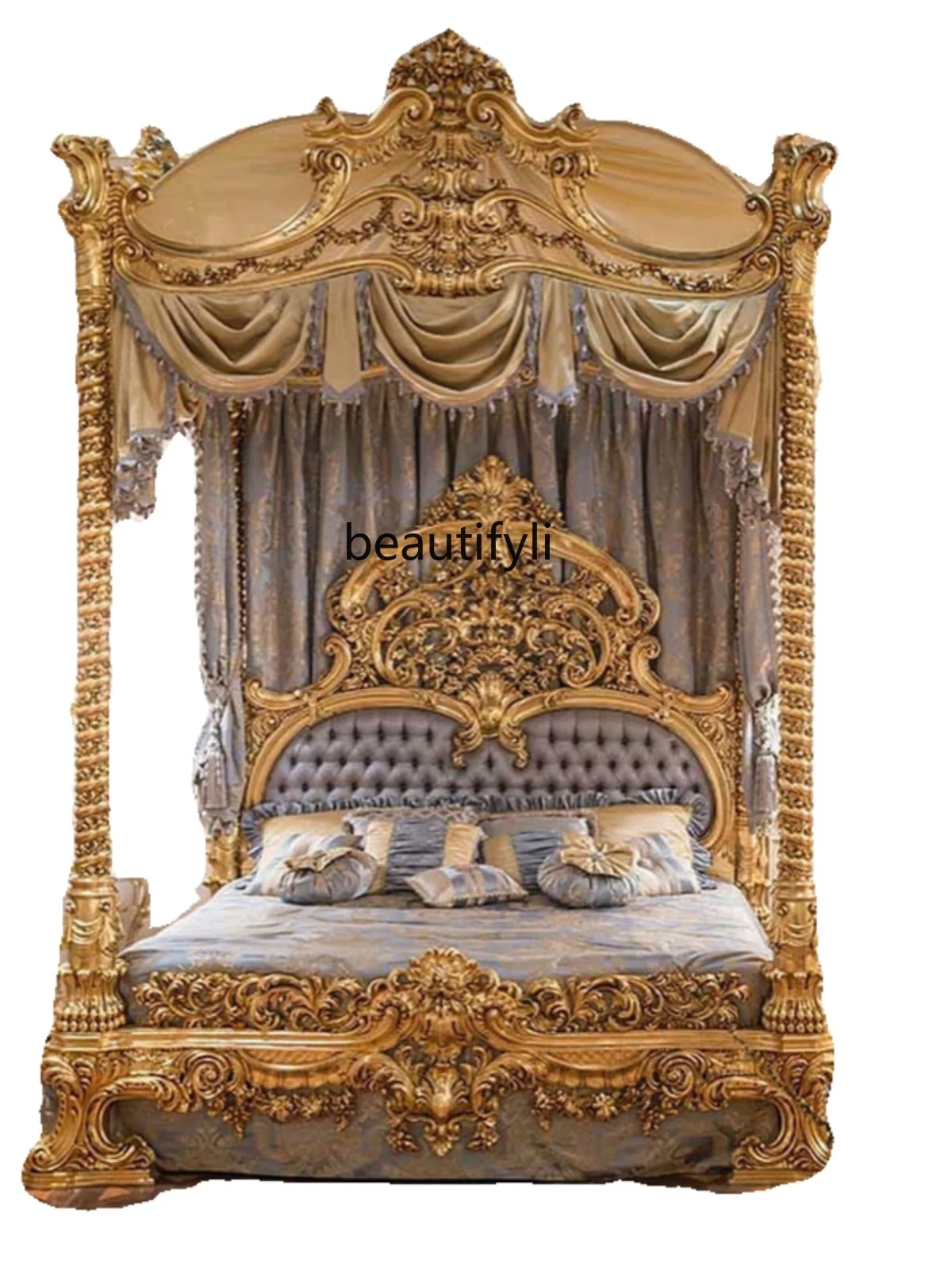 European Court Bed Solid Wood Carved Vintage Antique Finish French Bedroom Princess Double Bed