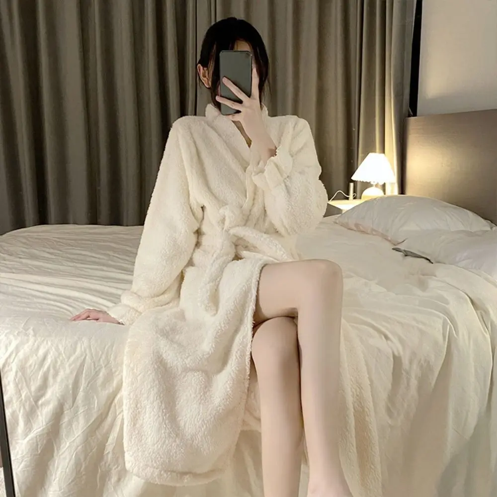 

Long Sleeves Coral Fleece Sleepwear Thicken Warm Ruffle Winter Flannel Night-robe Home Wear Lace-up Pajamas Robe Women Gifts