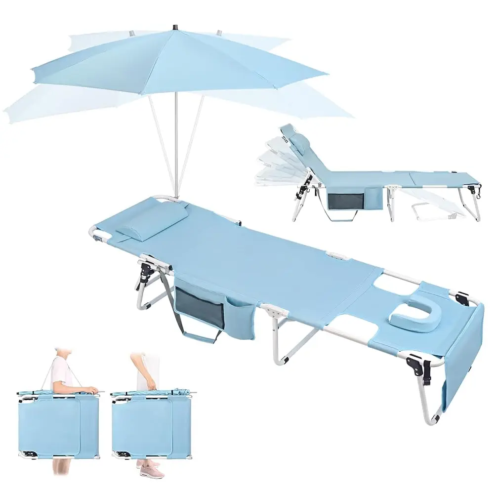 

Tanning Chair With Upf 50+ 360 Adjustable Umbrella, Heavy Duty Folding Tanning Chair With Face/Arm Hole Canopy Shade For Beach