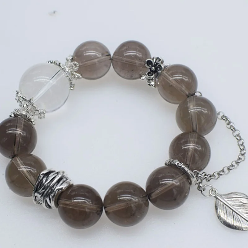 

Smoky Quartz round white crystal chain bracelet man's jewelry 14mm 17cm