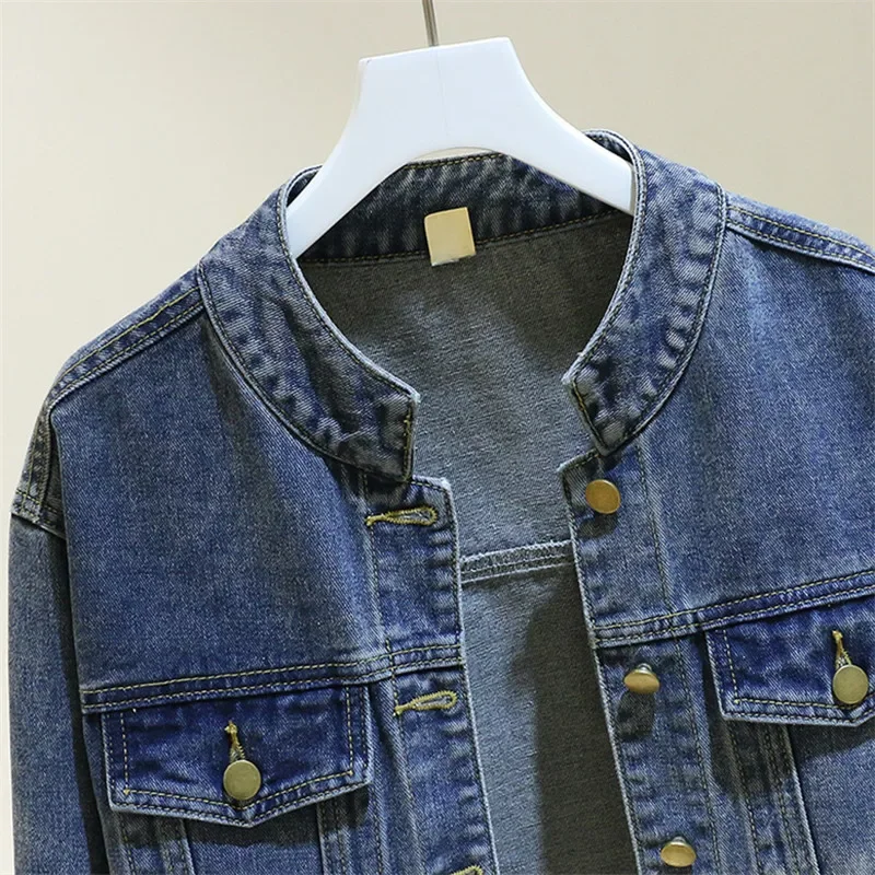 ฤดูใบไม้ผลิฤดูใบไม้ร่วง Vintage Blue Stand Collar Denim แจ็คเก็ตผู้หญิงนักเรียนคาวบอยหลวมสั้นกระเป๋าขนาดใหญ่กางเกงยีนส์แจ็คเก็ตหญิง