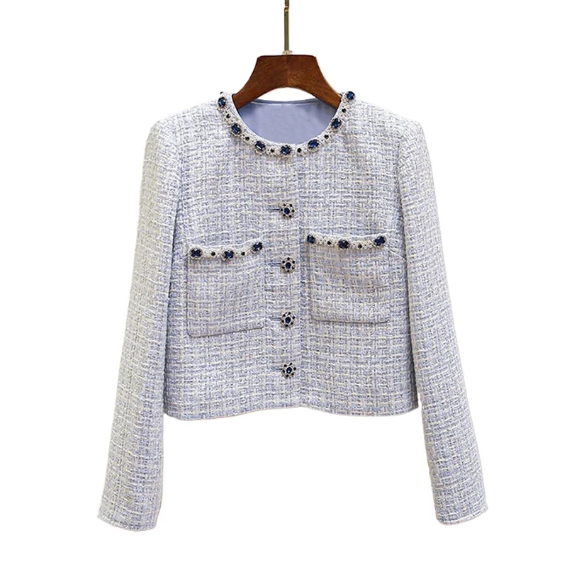 2026 Spring New Light Blue Niche Short Skirt Set Women's French Small Fragrant Wind Bead Long-sleeved Top Temperament Commuting