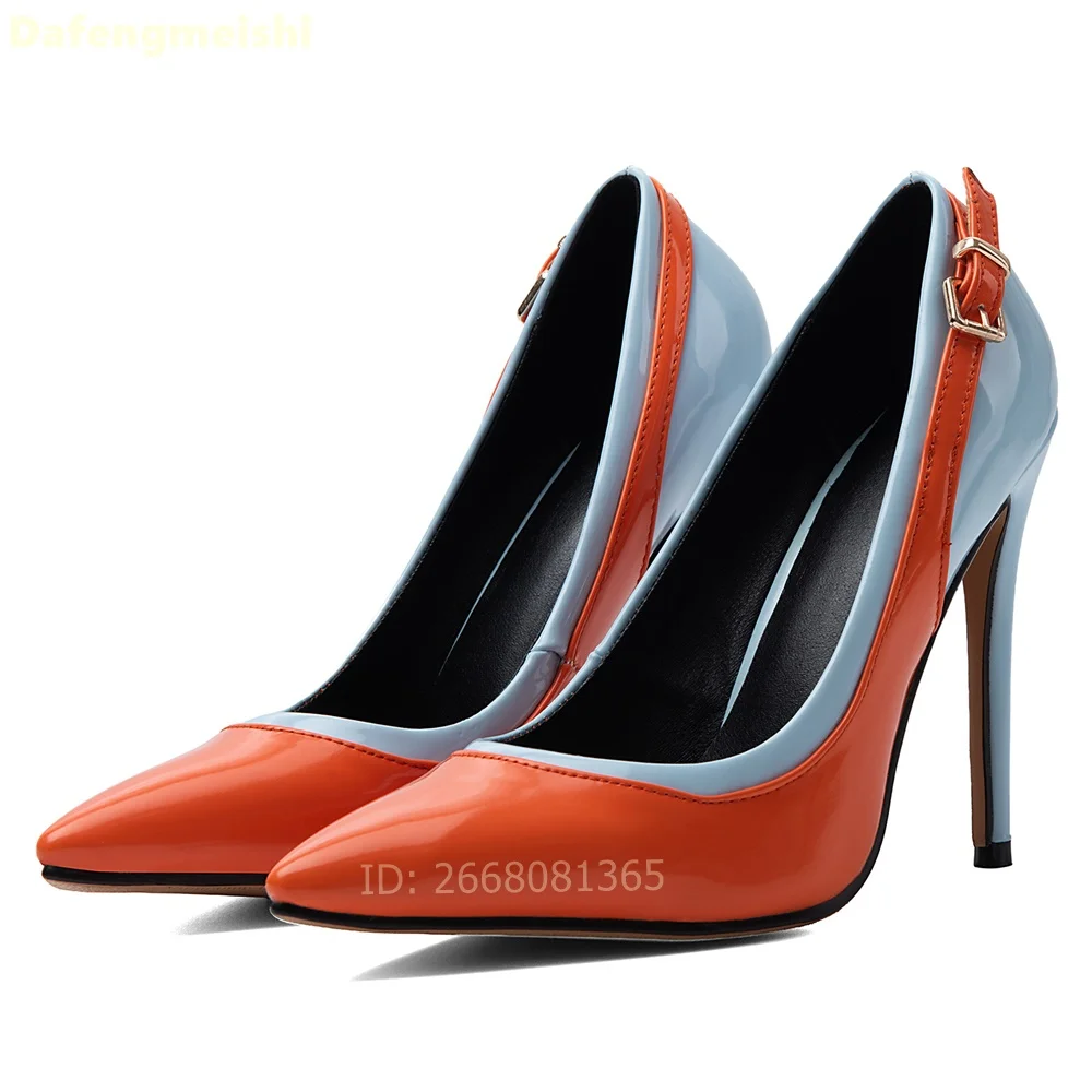 Orange Blue Mixed Color Patent Leather Pumps Pointed Toe Adjustable Buckle Thin Stiletto Heels Sandals Women Office Wedding Shoe