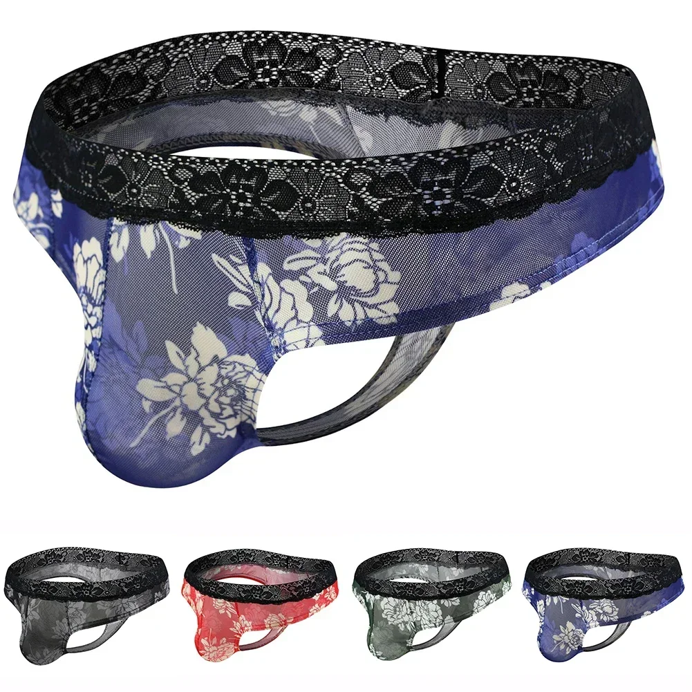 

Мужские прозрачные стринги с Т-образной спинкой, кружевное нижнее белье с низкой талией, мужские трусы с цветочным принтом для геев, мягкое нижнее белье, мужские сексуальные трусики