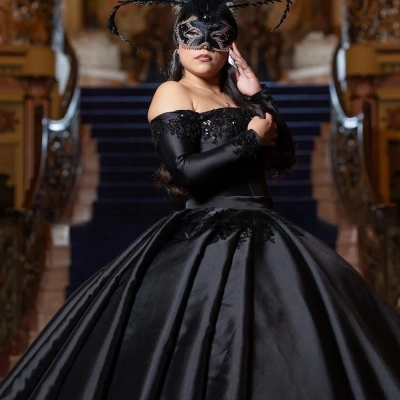 Vestido De baile De manga larga para quinceañera, traje negro para fiesta De cumpleaños De 15 y 16 Años, 2023