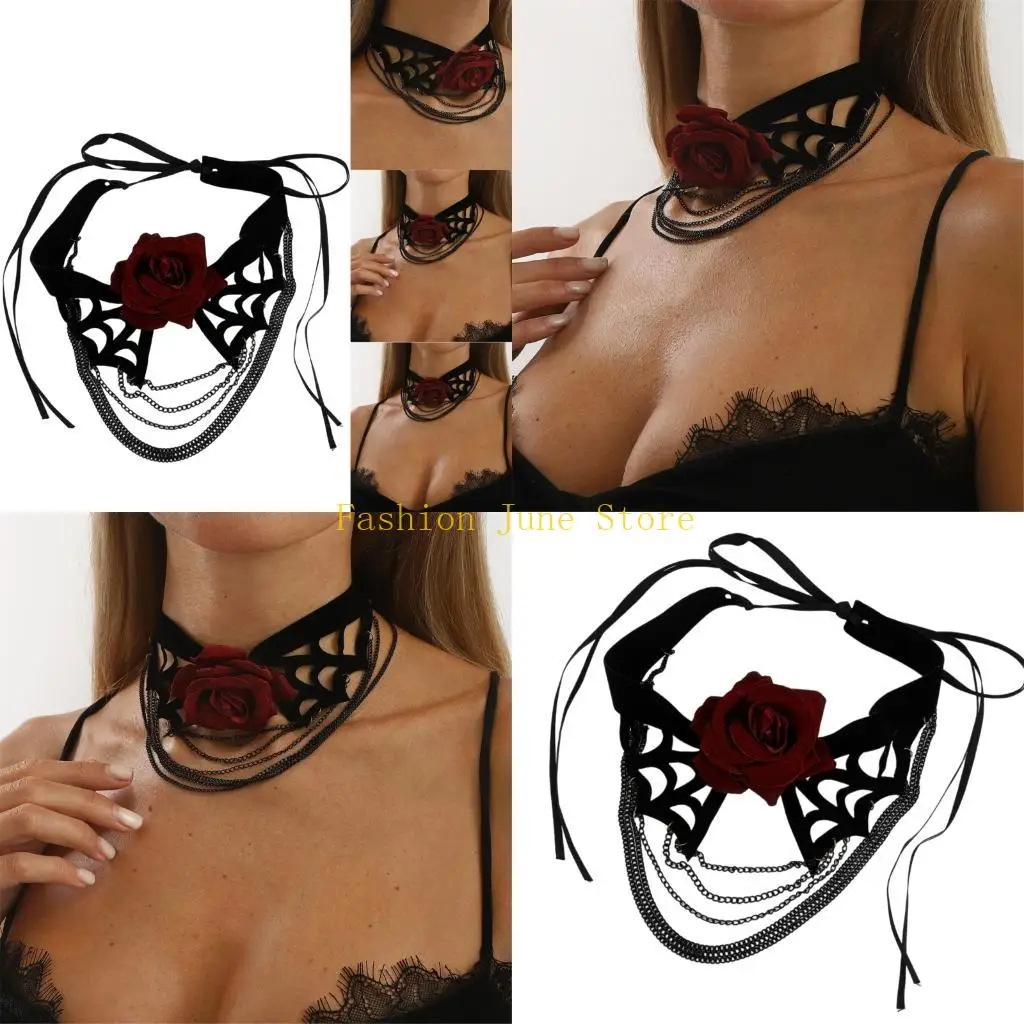 N5KA Lightweight Velvety Chokers Necklace With Detailing Chains Halloween Cosplay Jewelry Item