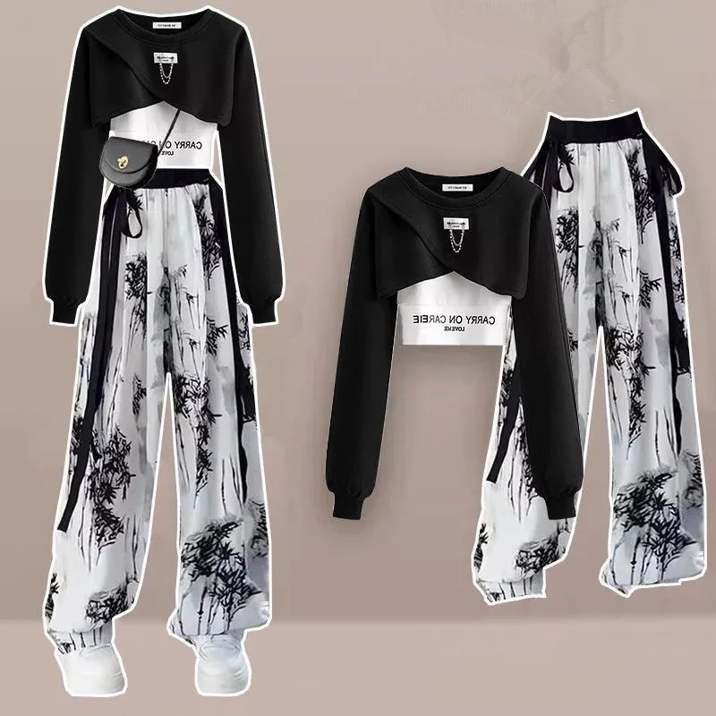 2023 Autumn Women Fashion Crop Sweatshirt Letter Sling Print Pants 1 or 3 Piece Set Lady Cool Streetwear Outfits Tops Trousers