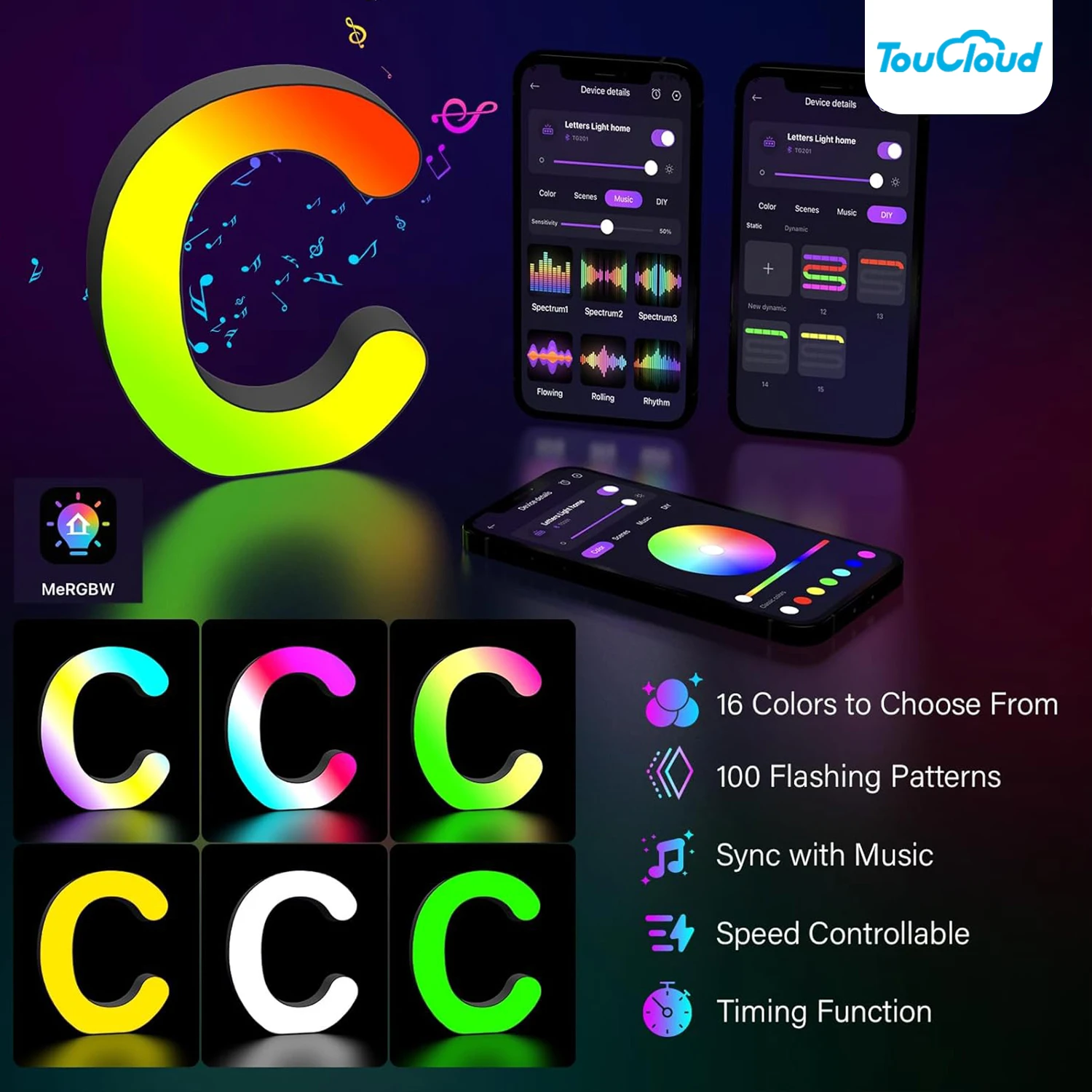 Led Lights Alphabet Music Sync Color Changing Strip Light Smart App Home Gaming Room Christmas Party Decor Night Light Letter C