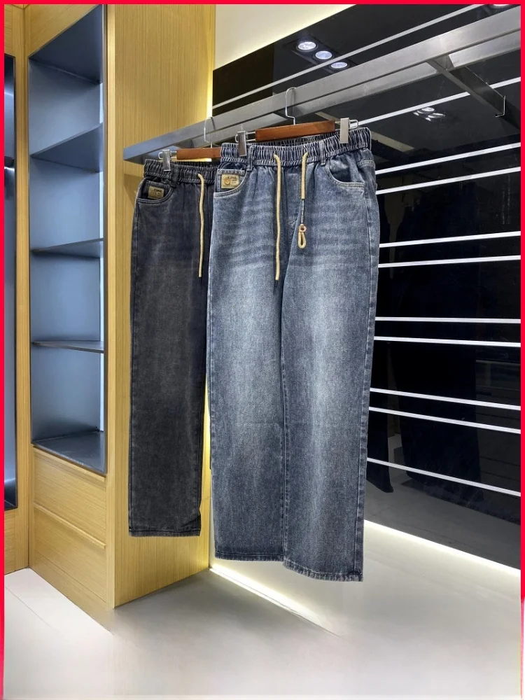 

Retro Waed Distred Loose Fit Straight Leg Denim Jeans for Men Autumn New Sle Comfortable Elastic Waist Casual Jeans
