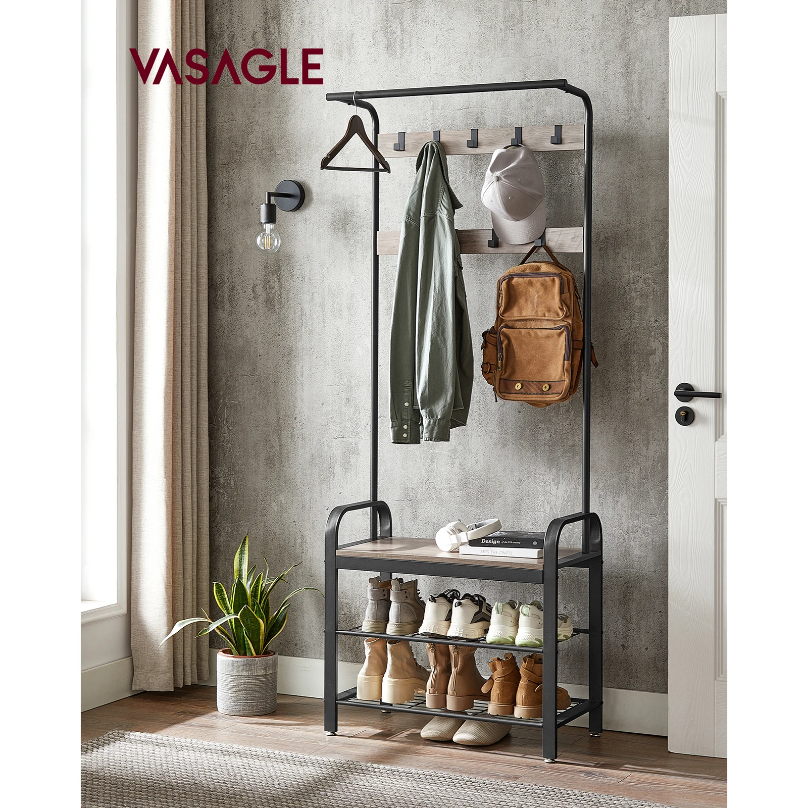 VASAGLE Coat Rack, Coat Stand with Shoe Storage Bench, 4-in-1 Design, with Removable Hooks, a Clothes Rail, 33.7 x 72 x 183 cm