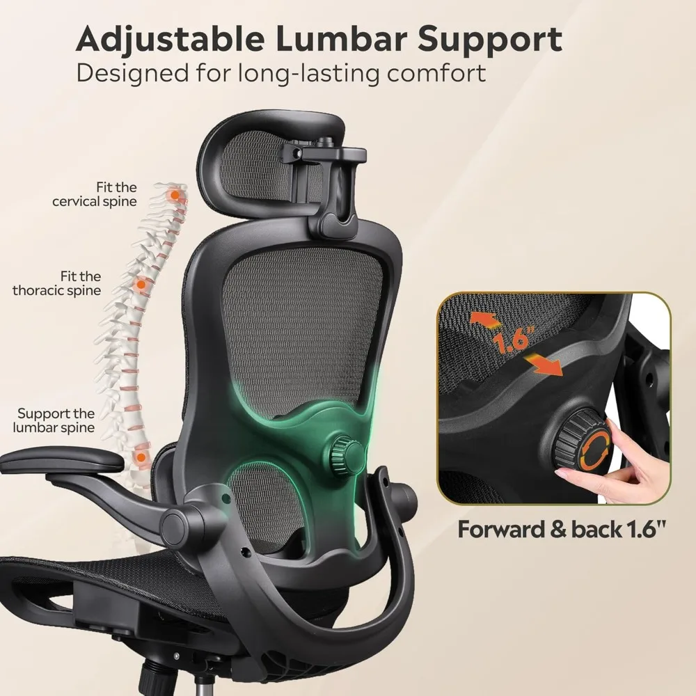 كرسي مكتب منزلي شبكي مريح مع دعم قطني، كرسي ألعاب كمبيوتر عالي الظهر مع مساند للذراعين قابلة للطي، ثلاثي الأبعاد #5