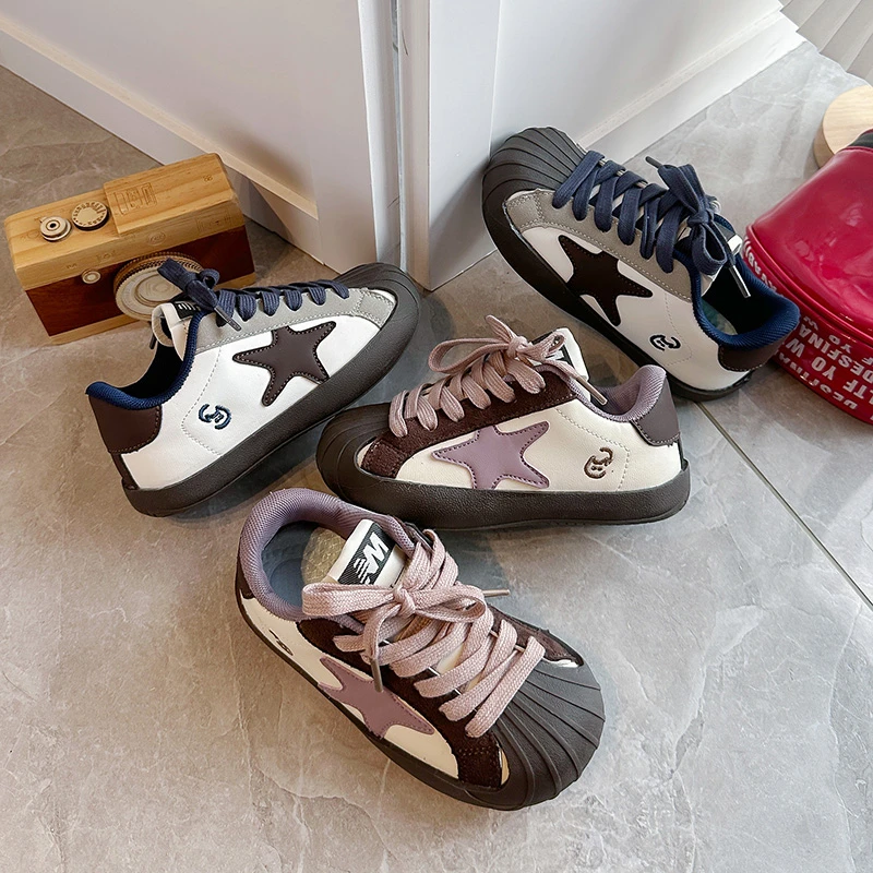 Toddler Kids Star Patch Casual Sneakers, Lace-up Shell Toe Design, Non Slip Sole, Retro Shoes for Daily Outfit Matching