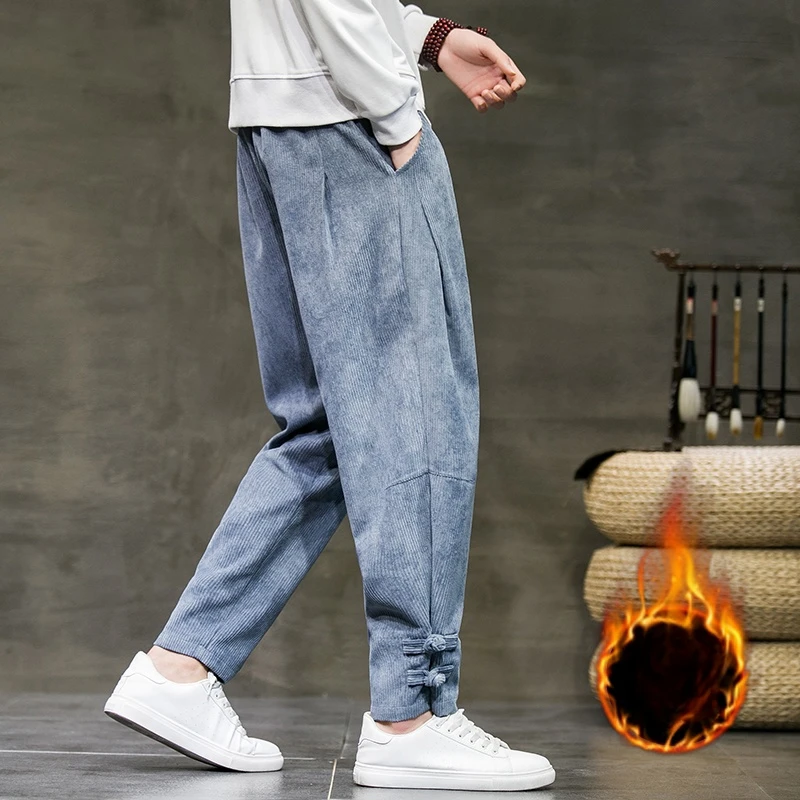 Fleece-lined Thick Winter Corduroy Pants Men Clothing Ethnic Style Disc Buckle Plus Size Joggers Vintage Sweatpants