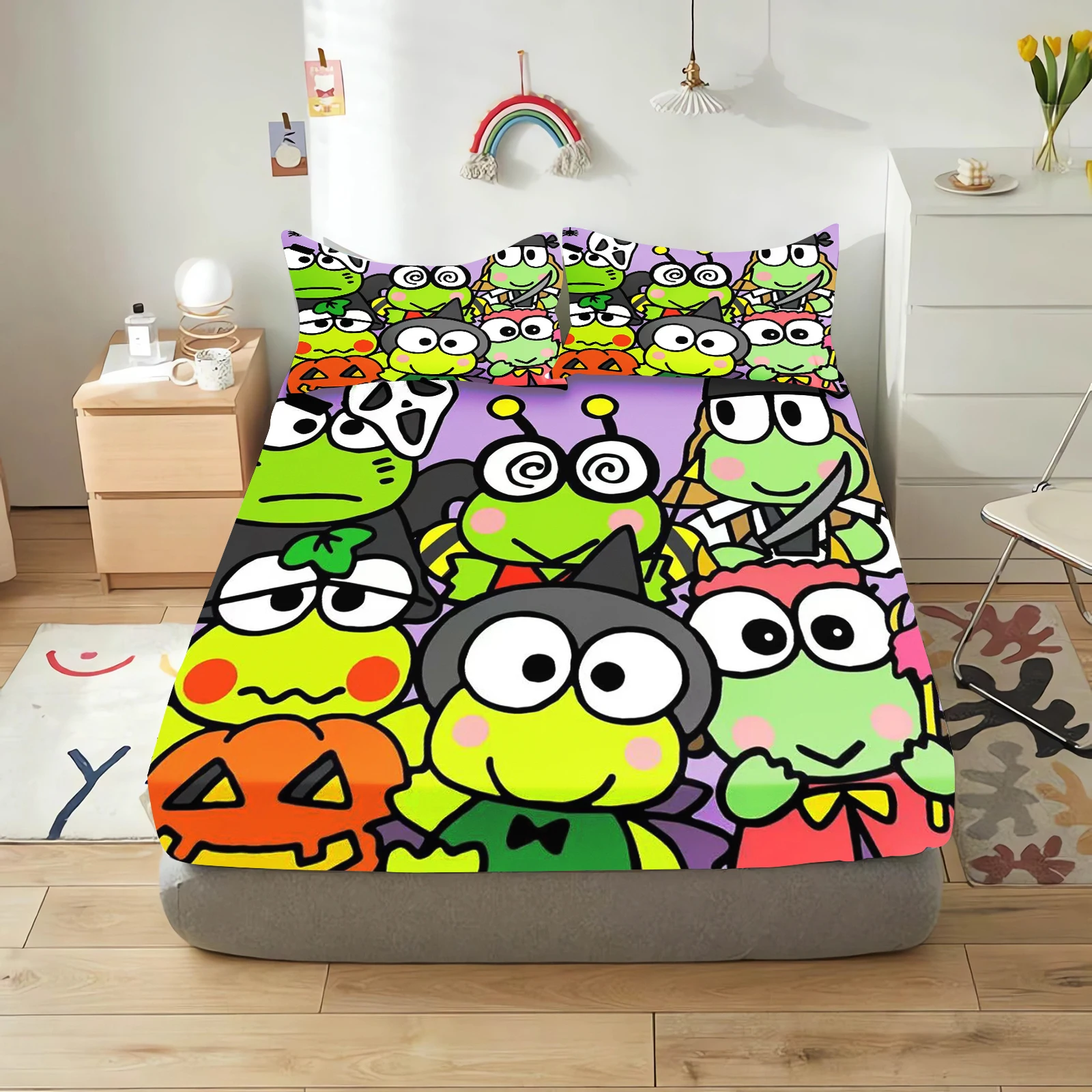 Keroppi Fitted Sheet Polyester Children Big Eyed Frog Cartoon Elastic Sheets Soft Cover Cute Digital Printing New Design